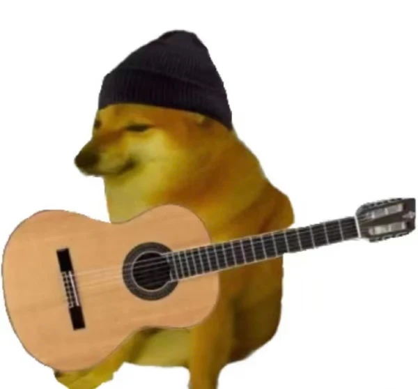 một con chó với cây đàn guitar trong miệng ảnh meme chó