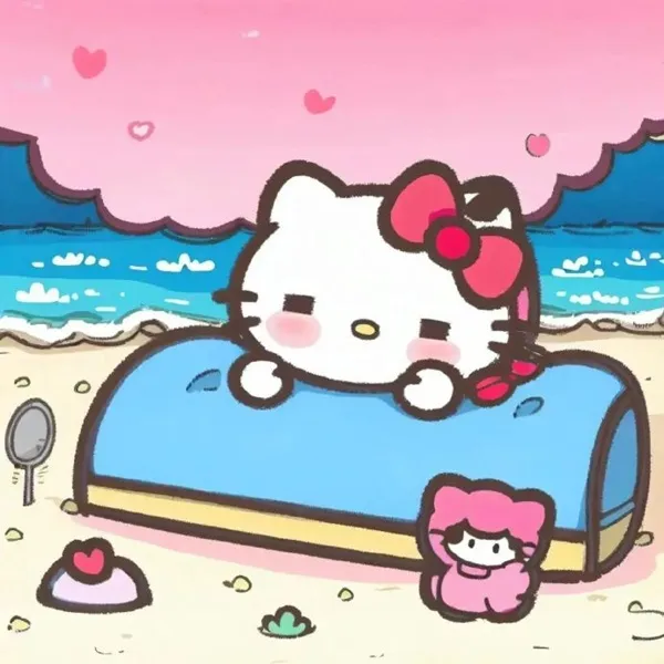 Có một hello kitty ngồi trên đầu chiếc hộp bãi biển