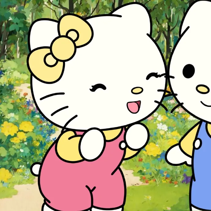Có hai hello kitty đứng cạnh nhau trên cỏ