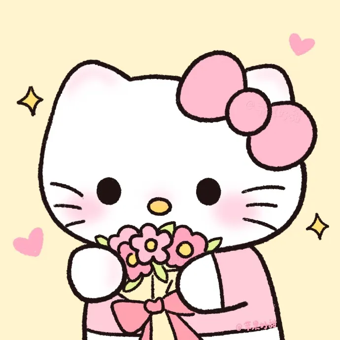 Có một bản vẽ của hello kitty đang cầm bó hoa