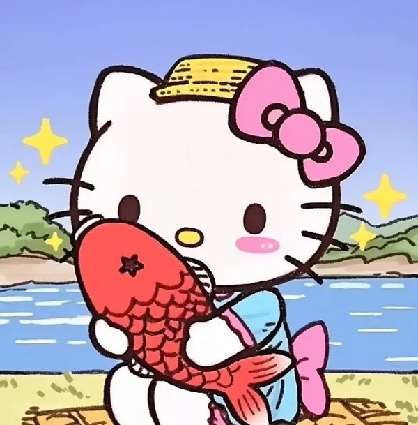 Có một hello kitty đang cầm con cá trên bãi biển