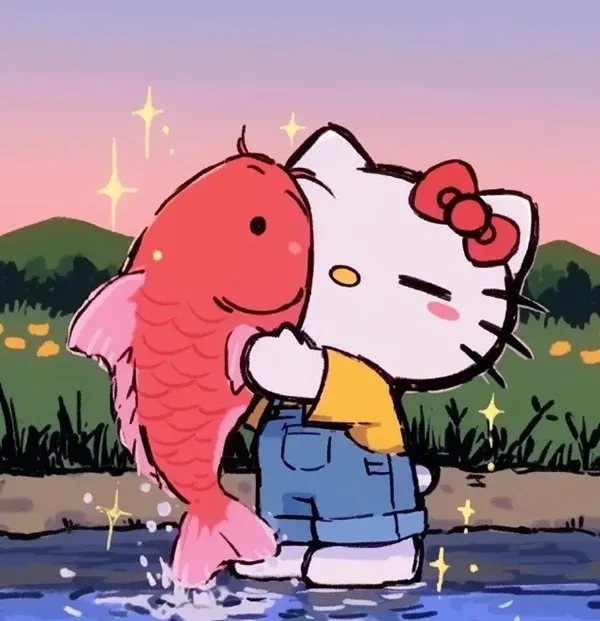 Có một phim hoạt hình hello kitty ôm con cá trong nước