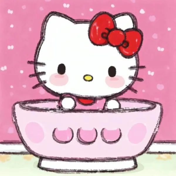 Vẽ của một chú mèo con ngồi trong cái bát màu hồng với cây cung đỏ trên đầu