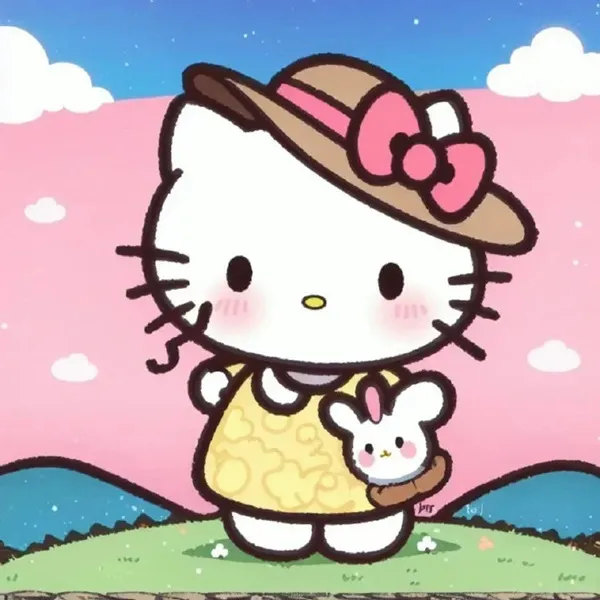 Có một chú mèo con hello đang đứng trên cánh đồng với thỏ