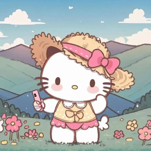 Có một hello kitty đang đứng trên cánh đồng cầm điện thoại di động