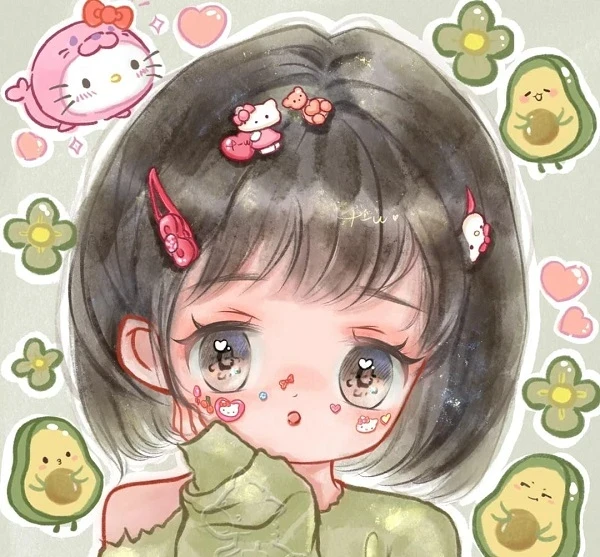 một cô gái với chiếc váy màu xanh lá cây và một cây cung màu hồng avatar trái bơ