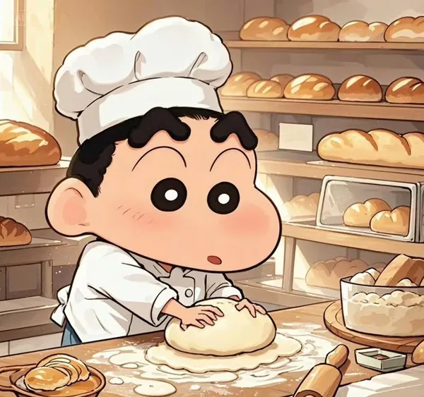 Có một cậu bé trong chiếc mũ của đầu bếp làm bột