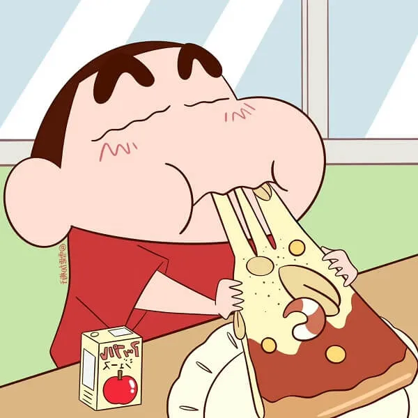 Có một hình ảnh hoạt của người đàn ông ăn lát pizza