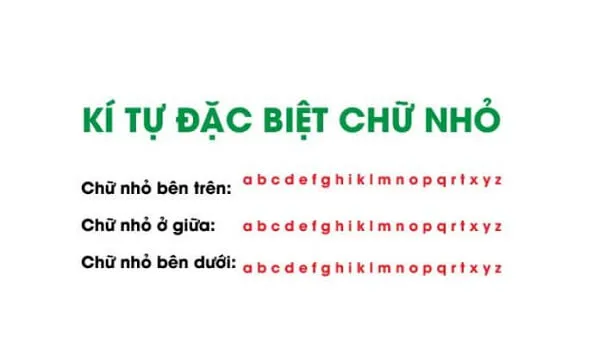 Bảng kí tự đặc biệt đầy đủ một nền trắng với phông chữ màu xanh lá cây và màu đỏ