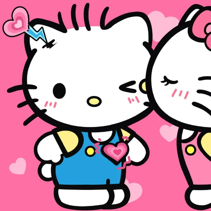 Có hai hello kitty đứng cạnh nhau trên nền màu hồng