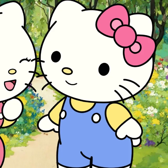 Có hai hello kitty đứng cạnh nhau trong một khu vườn