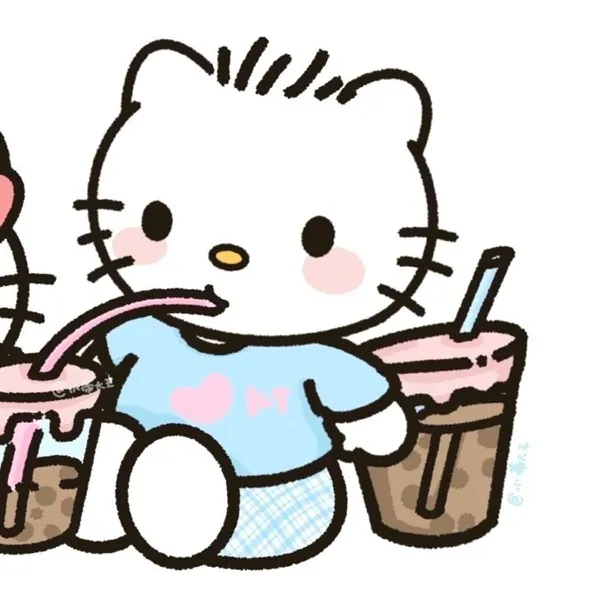 Có một bản vẽ của hello kitty cầm cốc sữa lắc