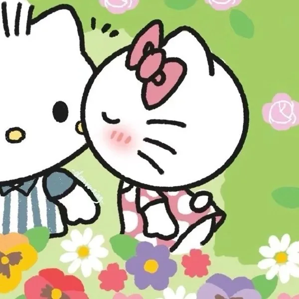 Có một bản vẽ của vài hello kitty đứng cạnh nhau