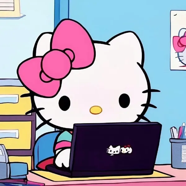 Có một hello kitty ngồi bàn làm việc với máy tính xách tay