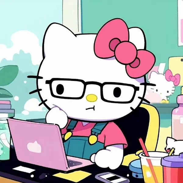 Có một hello kitty ngồi bàn làm việc với máy tính xách tay