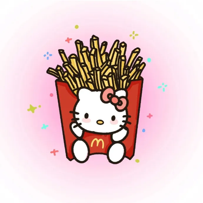 Có một hello kitty ngồi trong hộp khoai tây chiên