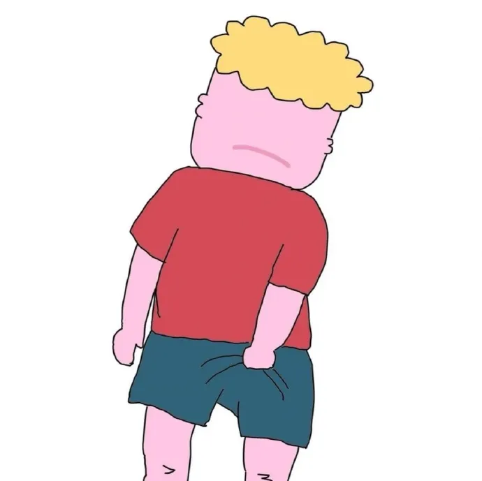 Có một phim hoạt hình của người đàn ông với áo đỏ và quần short màu xanh