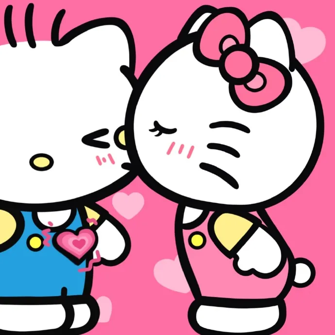 Có hai hello kitty đứng cạnh nhau trên nền màu hồng