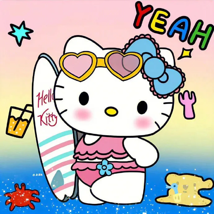 Có một hello kitty cầm ván lướt trên bãi biển