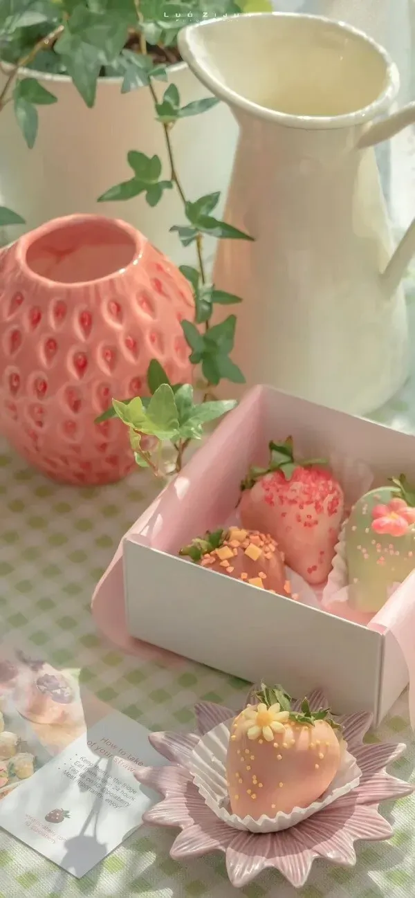 Hình dâu tây cute một hộp màu hồng với dâu tây và người ném bóng trắng