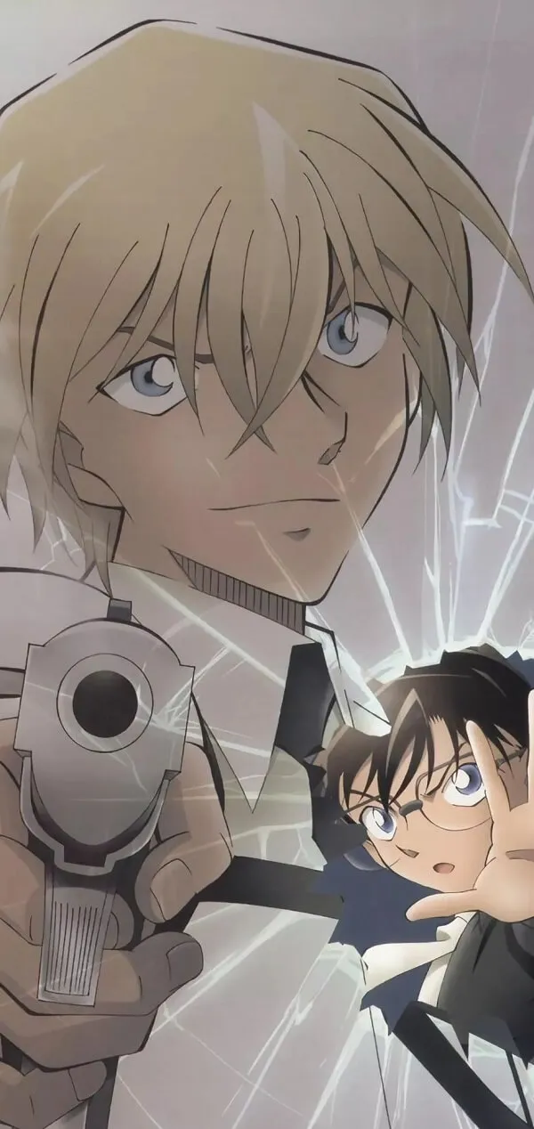 Hai nhân vật anime với hình nền conan súng