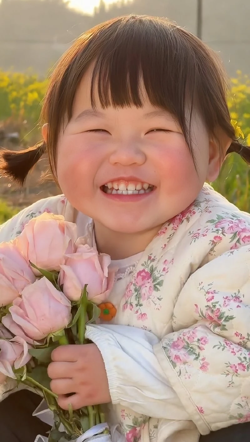 Một cô bé cầm một bó hoa hình nền em bé