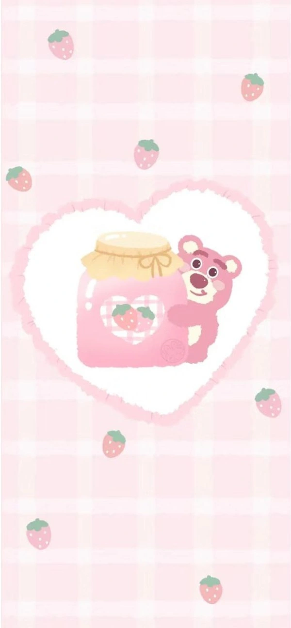 Hình nền gấu dâu cute cùng trái tim hồng lấp lánh