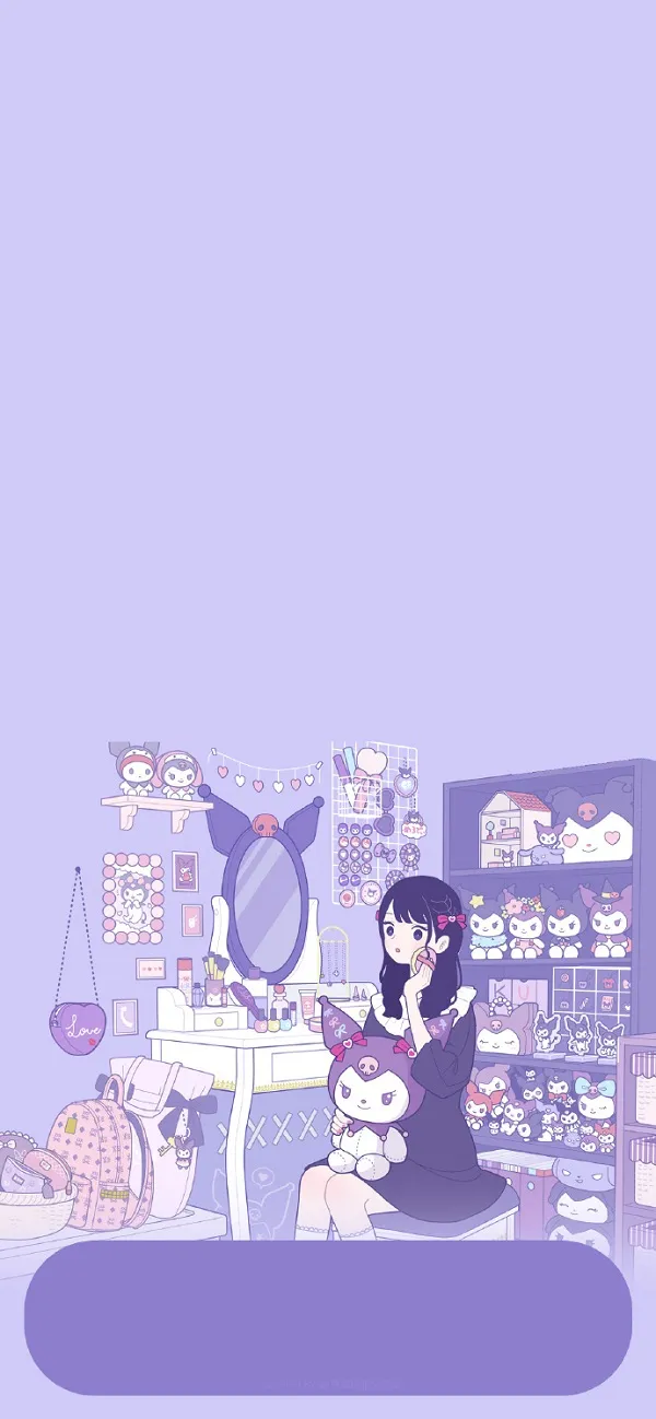 Một người phụ nữ ngồi trên giường với một con hình nền kuromi ngầu mèo