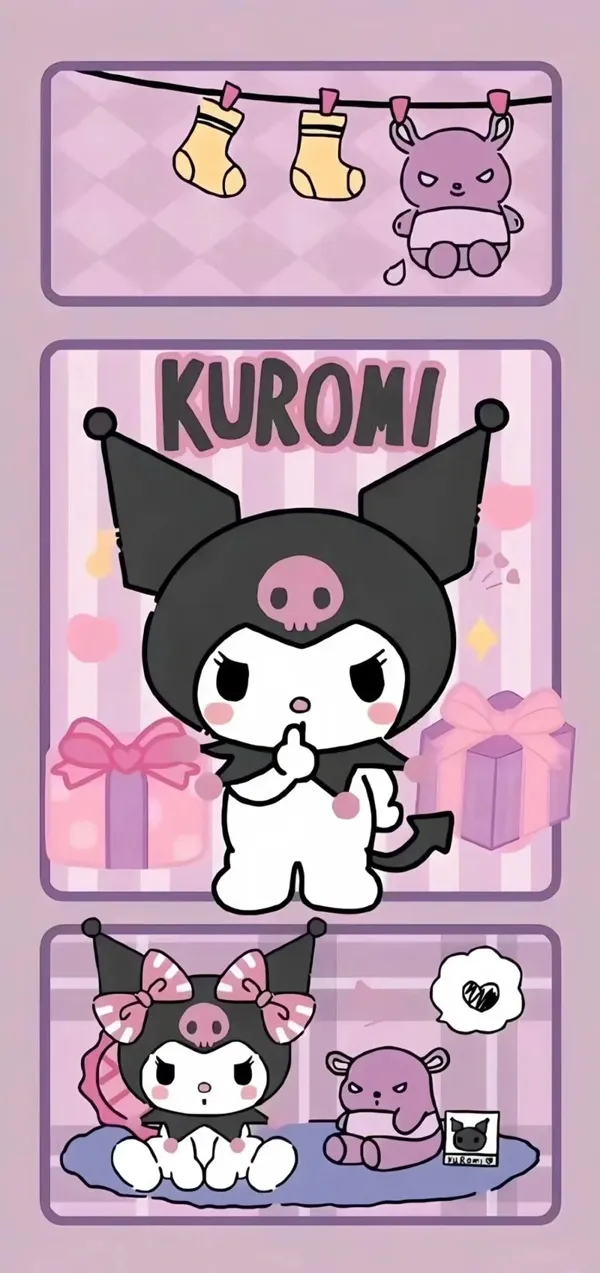 Một nhân vật hoạt hình với một con mèo và một con chó hình nền kuromi ngầu