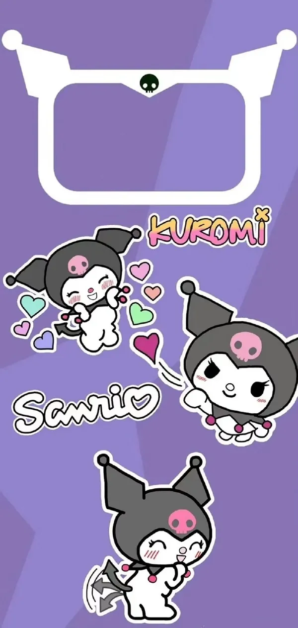 Một hộp điện thoại với một hình nền kuromi và cinnamoroll nhân vật hoạt hình trên đó
