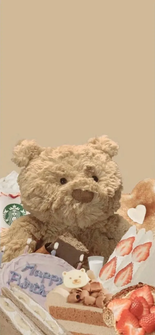 Một con gấu bông ngồi trên bánh hình nền màu nâu cute