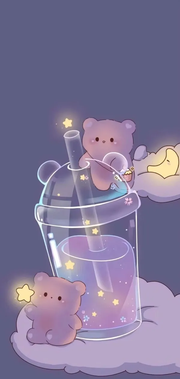 Một con gấu bông trong ly với chai hình nền màu tím nước