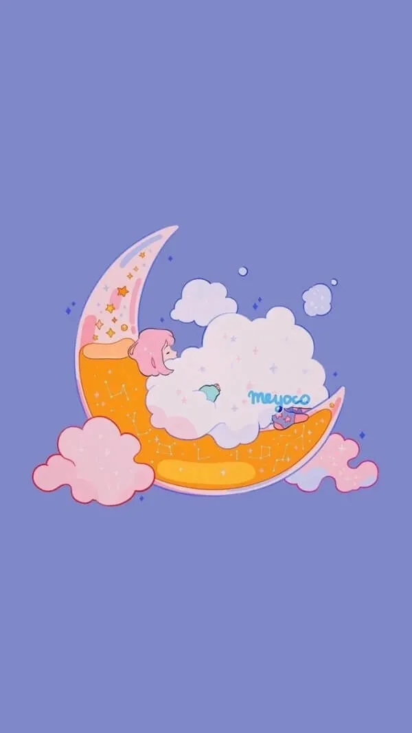 Một nhân vật hoạt hình đang ngủ trên lưỡi liềm với những đám mây và các ngôi hình nền màu tím sao