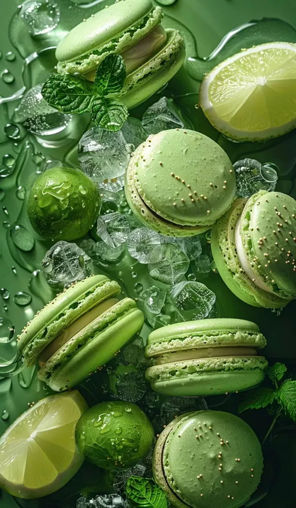 Hình nền màu xanh lá cây macaroes với vôi và bạc hà