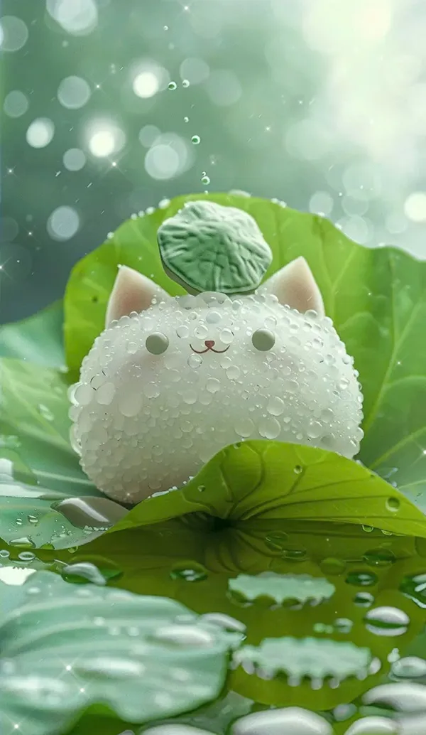Hình nền màu xanh lá cây Một con mèo trắng với lá xanh và giọt nước