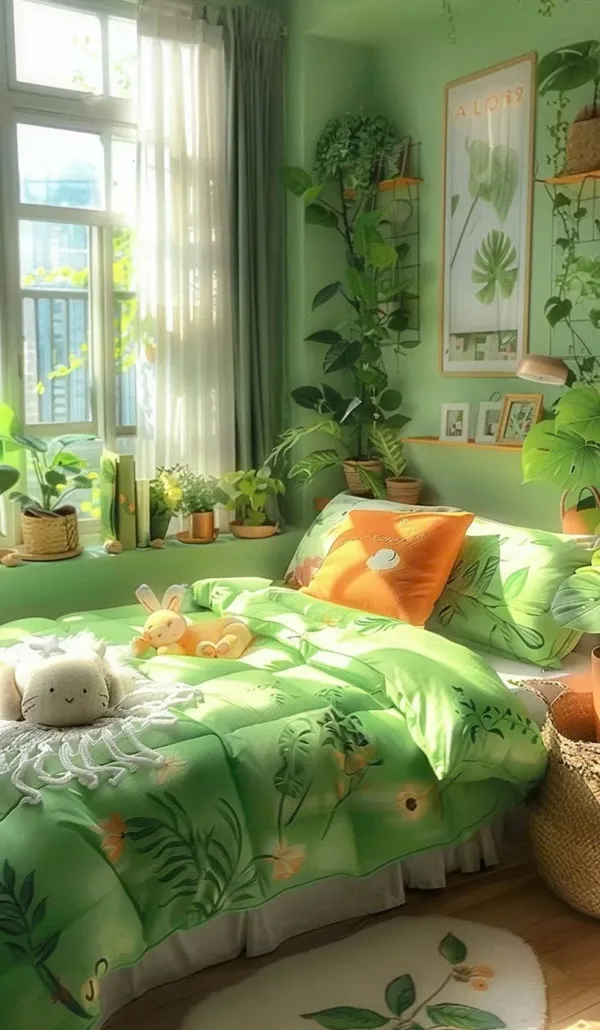 Một phòng ngủ với giường, cửa sổ và một hình nền màu xanh lá cây nhà máy