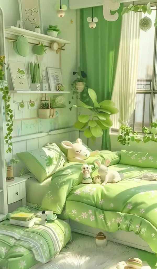 Phòng ngủ màu xanh lá cây với giường và ghế hình nền màu xanh lá cây trắng