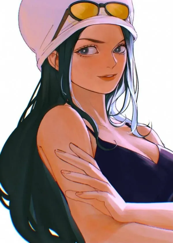Một cô gái có mái tóc dài và một hình nền Nico Robin chiếc mũ trắng