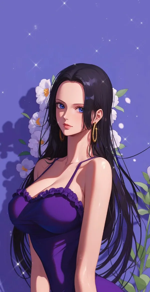 Một cô gái mặc một hình nền Nico Robin chiếc váy màu tím với mái tóc dài và một bông hoa