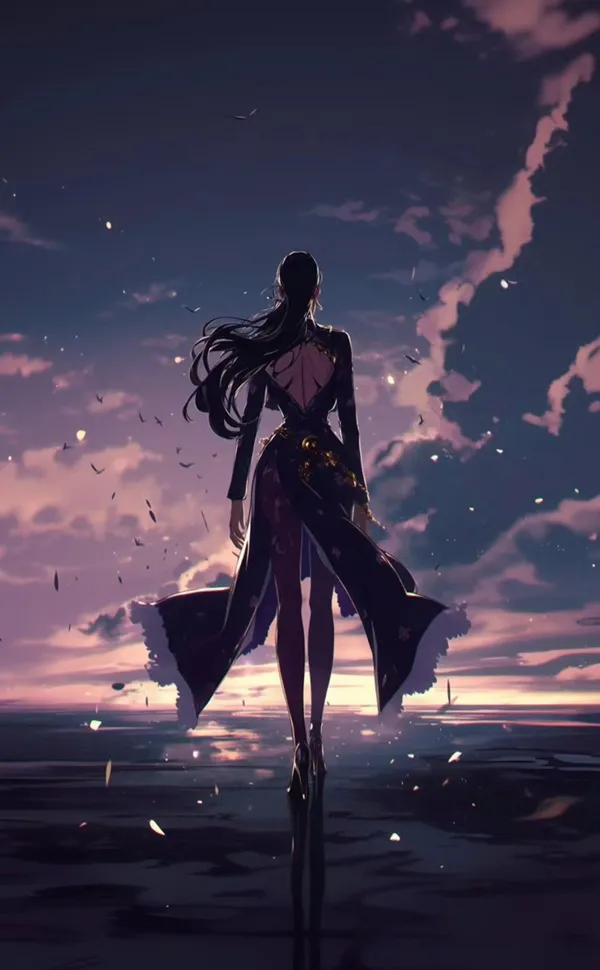Một cô gái mặc váy hình nền Nico Robin dài đứng trên bãi biển