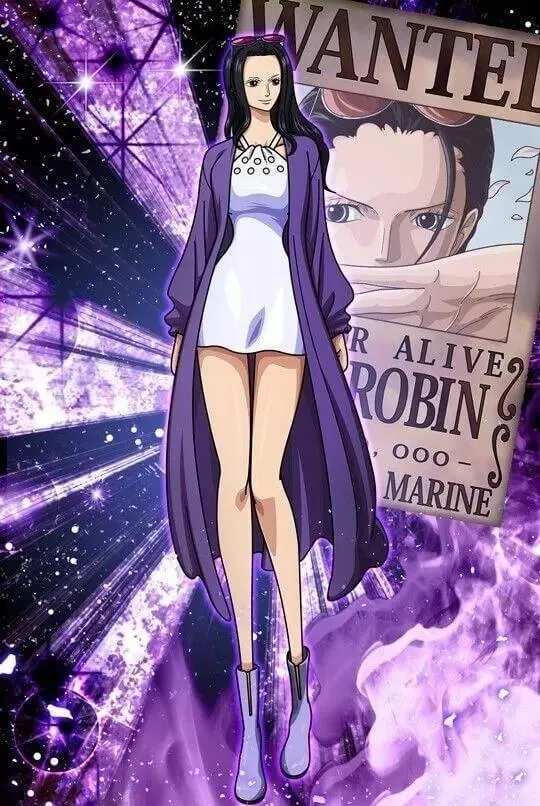 Một cô gái mặc váy trắng và hình nền Nico Robin áo khoác màu tím