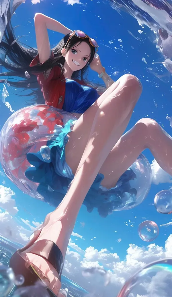 Một cô gái mặc váy hình nền Nico Robin màu xanh đang bay trong không trung