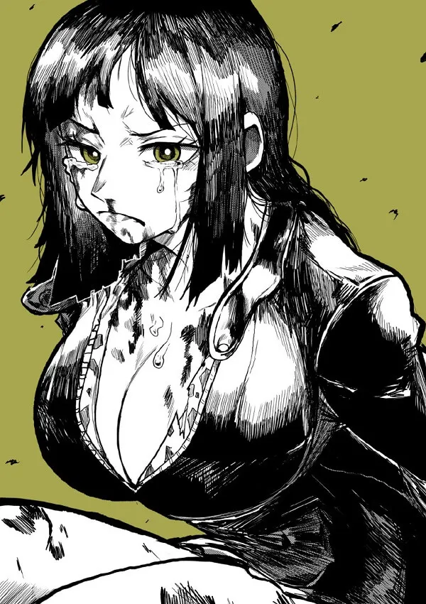 Một người phụ nữ hình nền Nico Robin có mái tóc dài và một chiếc váy đen đang ngồi trên giường