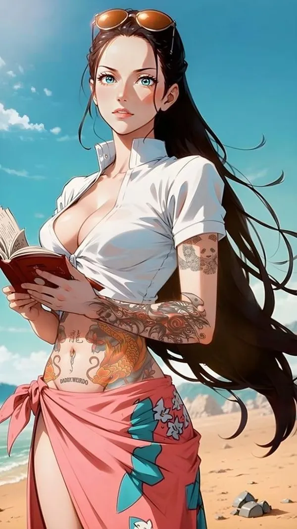 Một người phụ nữ có mái tóc dài và hình nền Nico Robin hình xăm trên ngực, cầm một cuốn sách