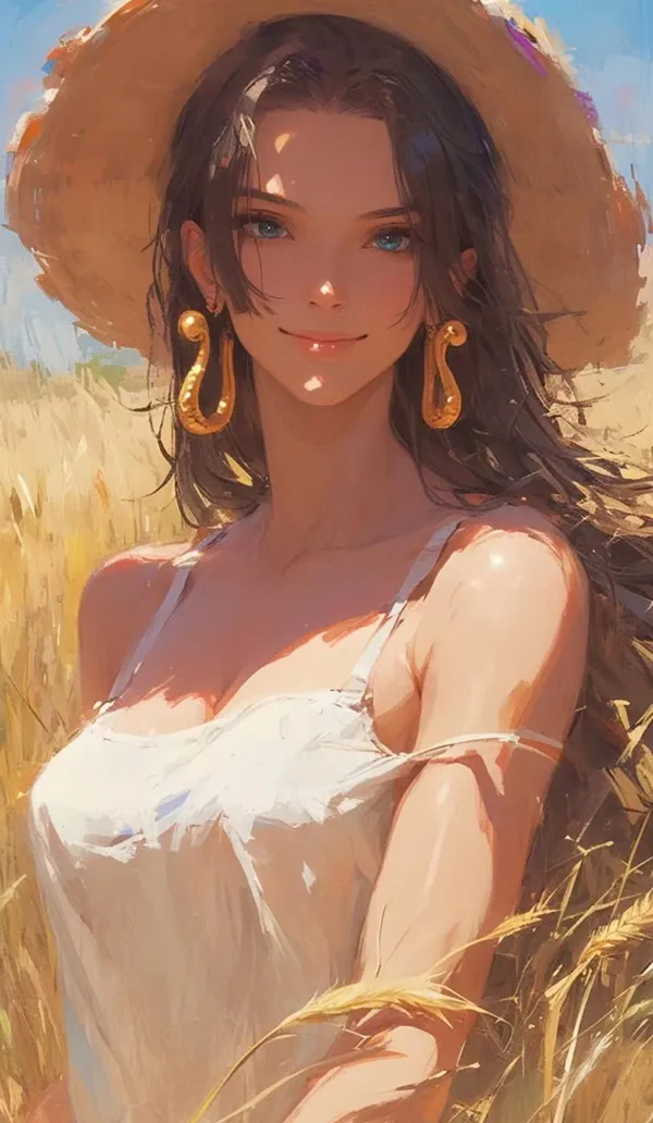 Một người phụ nữ đội mũ hình nền Nico Robin và váy ngồi trên cánh đồng
