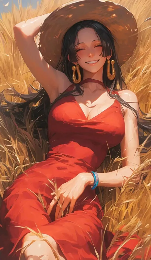 Một người phụ nữ mặc váy đỏ và hình nền Nico Robin mũ ngồi trên cánh đồng