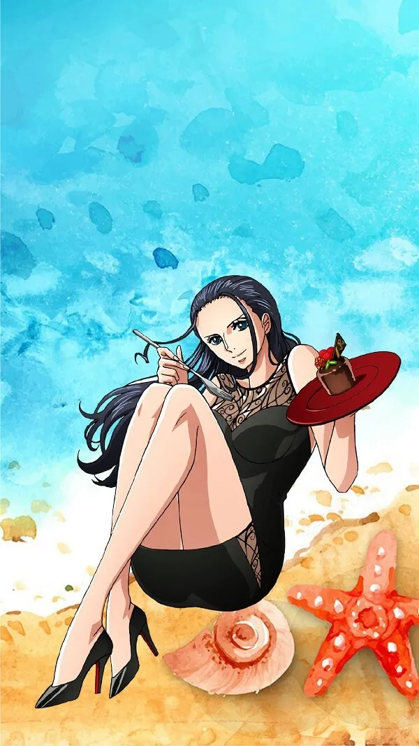 Một người phụ nữ mặc váy đen ngồi hình nền Nico Robin trên bãi biển