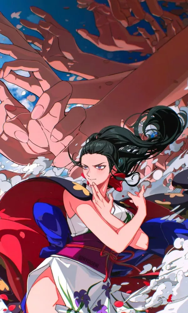 Một người phụ nữ mặc váy đỏ hình nền Nico Robin được bao quanh bởi một bó hoa