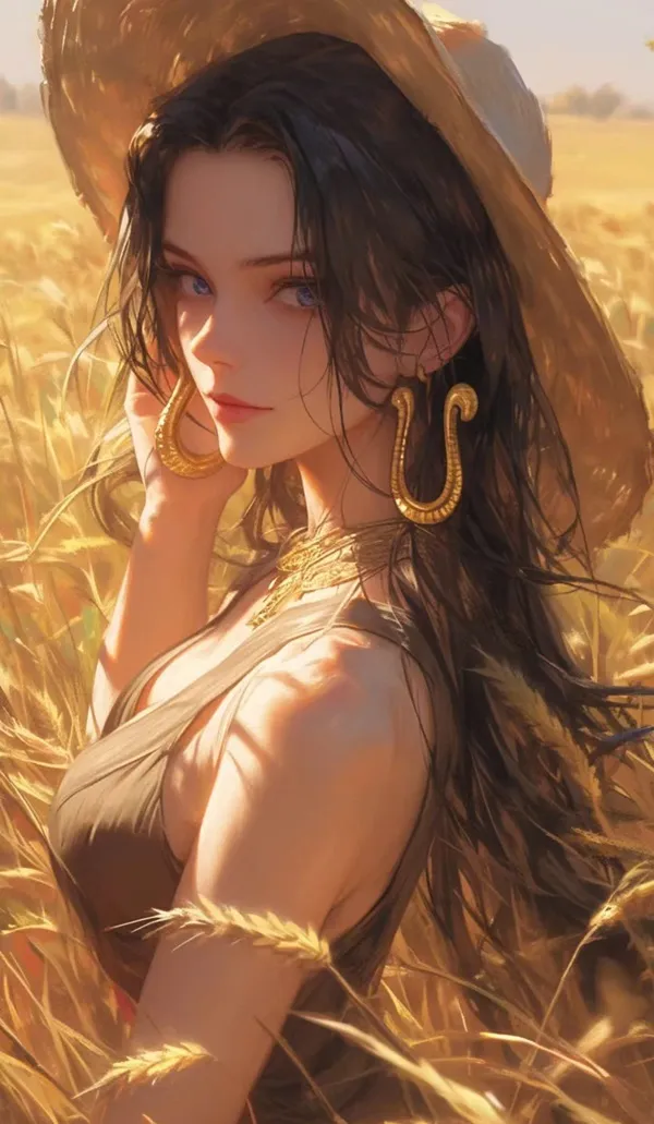 Một người phụ nữ mặc mũ và trang hình nền Nico Robin phục đứng trên cánh đồng