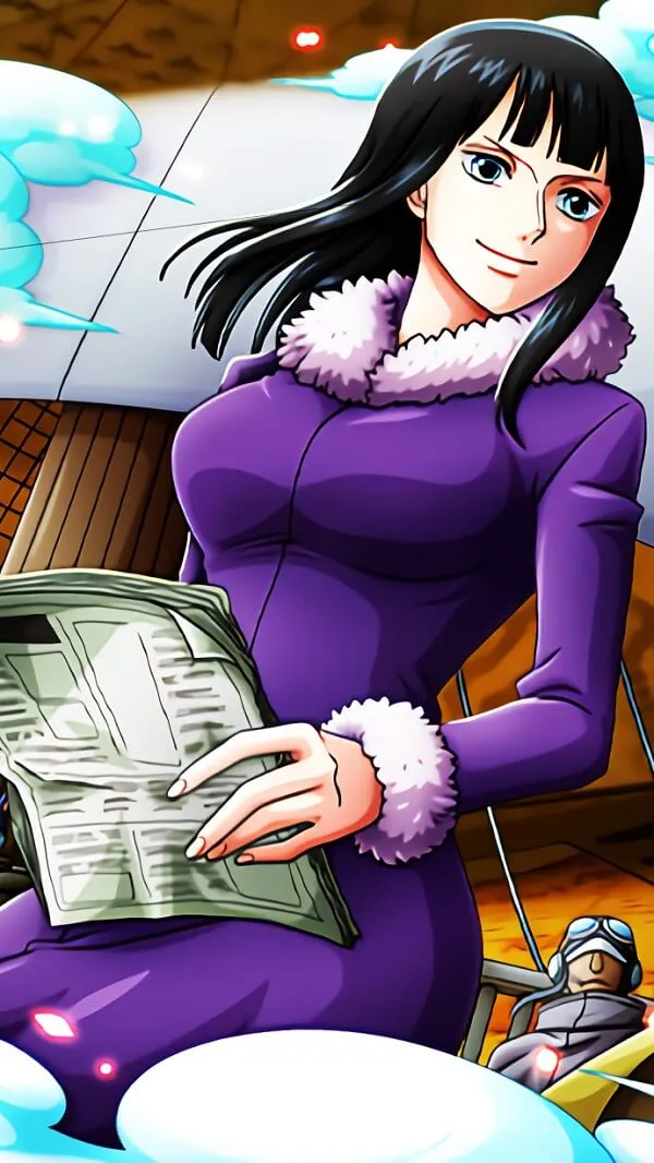 Một người phụ hình nền Nico Robin nữ mặc váy màu tím đang ngồi trên băng ghế tuyết